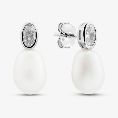 Sterling Silver Freshwater Pearl & Cubic Zirconia Oval Dropper Earrings EOW70250FW