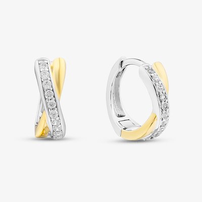 Two-Tone Cubic Zirconia Cross Over Hoop Earrings ME-1069GO