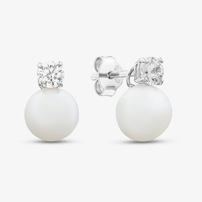 Silver Round Cut Cubic Zirconia & Pearl Drop Stud Earrings ERD4+PE8 (BK)