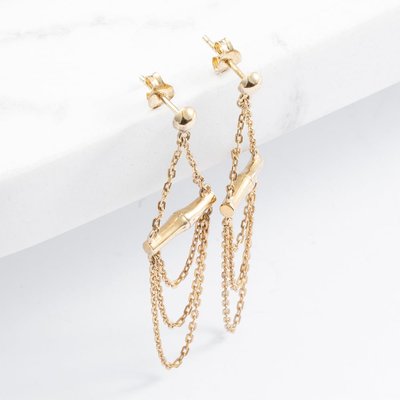 Gold Tone Bamboo Chain Drops Stud Earrings ER178G