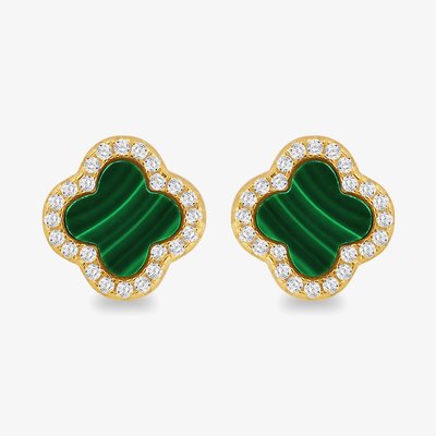 LUXE Silver Gold Plated Malachite & Cubic Zirconia Clover Stud Earrings