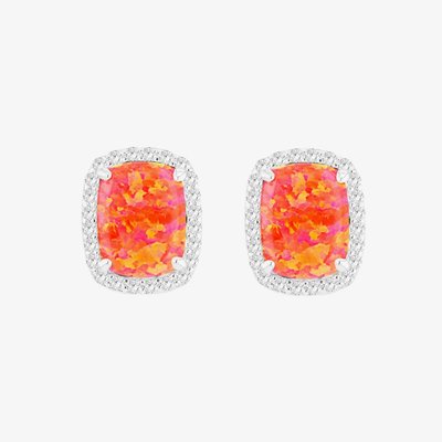 Sterling Silver Rectangular Synthetic Orange Opal & Brilliant Cut Cubic Zirconia Halo Stud Earrings