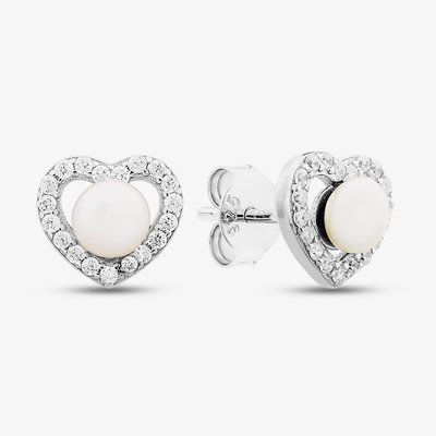 Sterling Silver Freshwater Pearl & Cubic Zirconia Heart Stud Earrings EOW70137FW