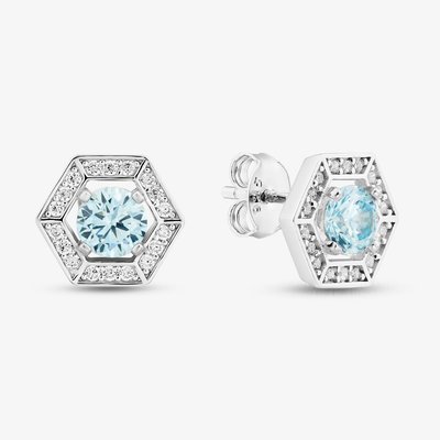 Sterling Silver Rhodium Plated Light Blue Cubic Zirconia Hexagon Stud Earrings
