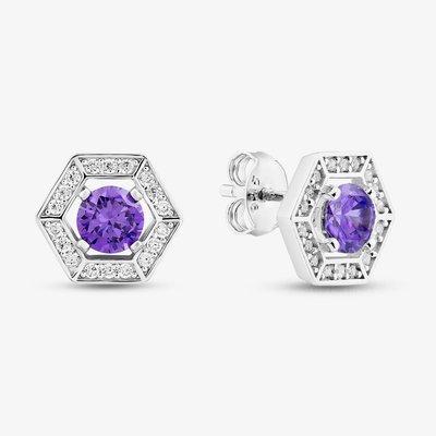 Sterling Silver Rhodium Plated Purple Cubic Zirconia Hexagon Stud Earrings