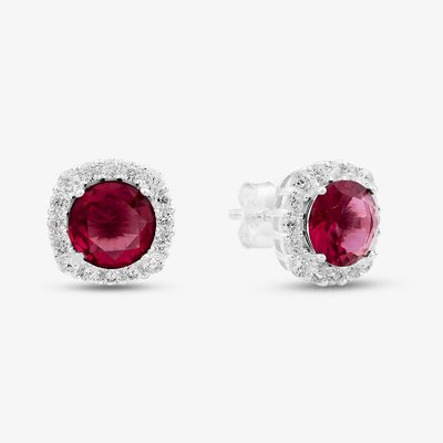Sterling Silver Rhodium Plated White & Red Cubic Zirconia Stud Earrings