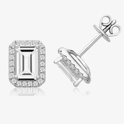 Sterling Silver Emerald Cut Cubic Zirconia Halo Stud Earrings