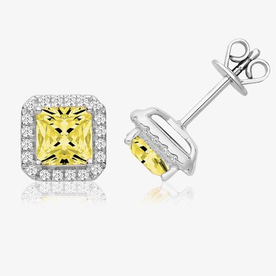 Sterling Silver Square Yellow Cubic Zirconia Halo Stud Earrings