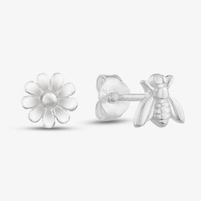 Sterling Silver Bee and Flower Stud Earrings