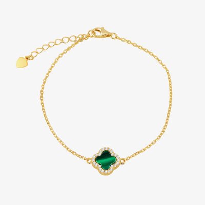 LUXE Silver Gold Plated Malachite & Cubic Zirconia Clover Bracelet