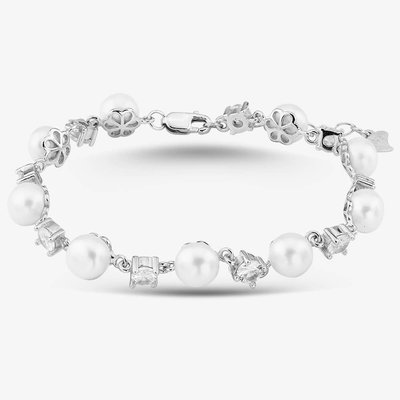 Silver Side Drilled Freshwater Pearl and Claw-set Cubic Zirconia Bracelet