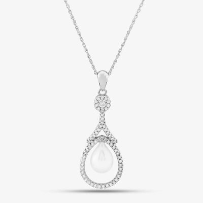 Silver Freshwater Pearl and Cubic Zirconia Teardrop Pendant
