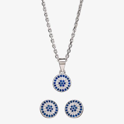 Silver Blue and White Cubic Zirconia Round Pendant and Earring Set