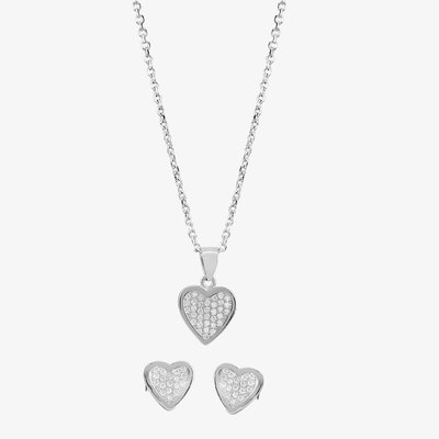 Silver Pavé Heart Pendant and Earring Set