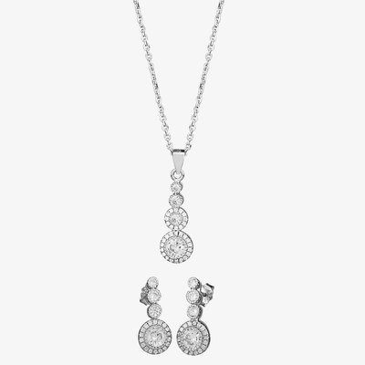 Silver Cubic Zirconia Graduated Pendant and Dropper Earrings Set