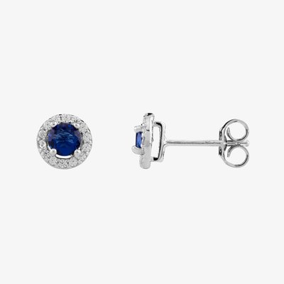 Morado Silver Round Blue Cubic Zirconia Halo Stud Earrings E4442 BL