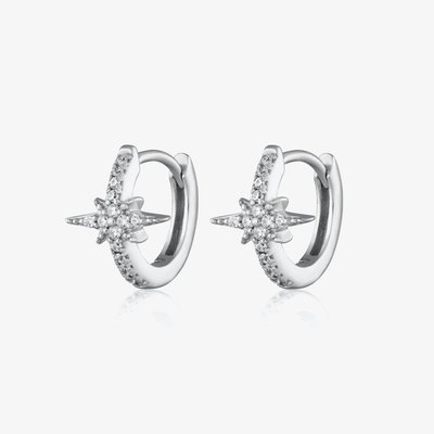 Scream Pretty Starburst Silver Rhodium Plated Cubic Zirconia Star Huggie Hoop Earrings