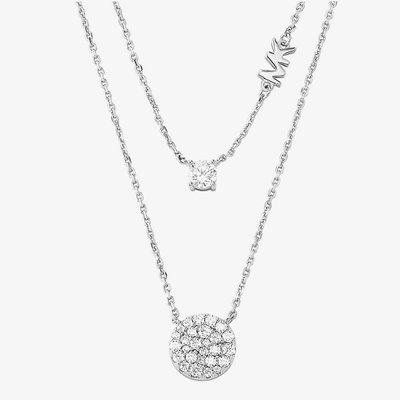 Michael Kors Silver Round Crystal MK Double Layered Necklace