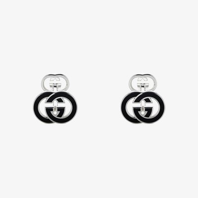 Gucci Trademark Interlocking G Sterling Silver Black Enamel Cufflinks YBE81504800100U