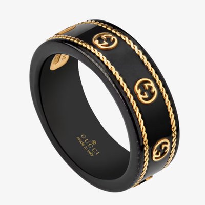 Gucci Icon 18ct Gold Black Synthetic Band Ring YBC606826001011