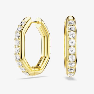 Swarovski Dextera Gold Tone Plated White Crystal Octagon Hoop Earrings