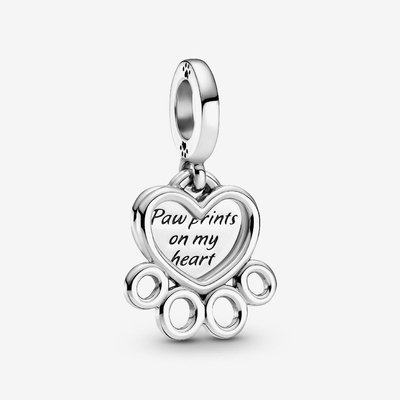 PANDORA Silver Paw Print Hearts Dangle Charm