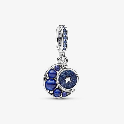 PANDORA Sterling Silver Blue Crystal Sparkling Moon Dangle Charm 792979C01