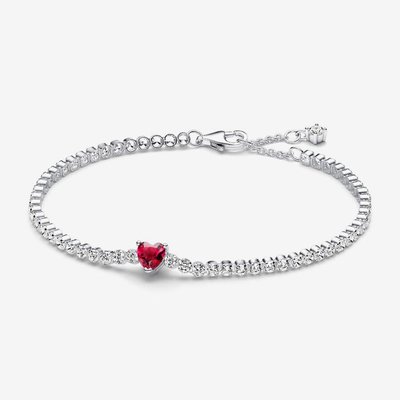 PANDORA Silver Sparkling Heart Red Cubic Zirconia Tennis Bracelet