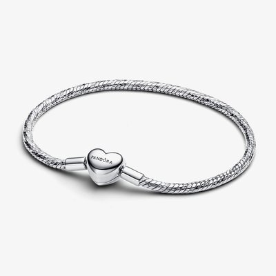 PANDORA Silver Heart Clasp Faceted Snake Chain Bracelet