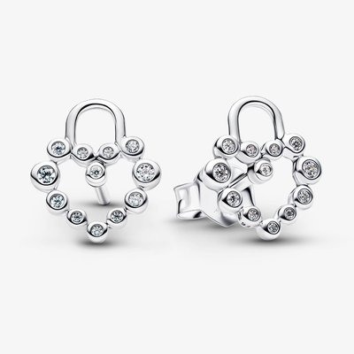 PANDORA Silver Sparkling Heart Padlock Stud Earrings