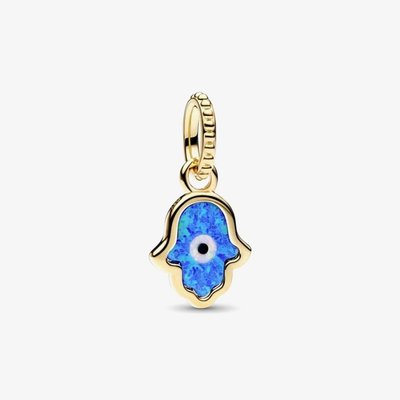 PANDORA 14ct Yellow Gold Opalescent Blue Hamsa Hand Dangle Charm