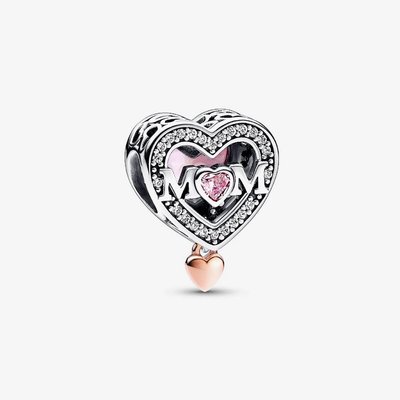 PANDORA Two Tone Cubic Zirconia Openwork Mom & Heart Dangle Charm