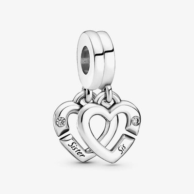 PANDORA Sterling Silver Cubic Zirconia Linked Sister Hearts Split Dangle Charm