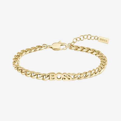 BOSS Gold Tone Logo Curb Chain Bracelet