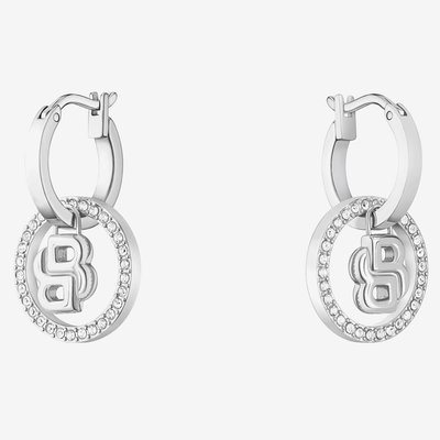 BOSS Double B Divine Silver Tone Drop Huggie Hoop Earrings