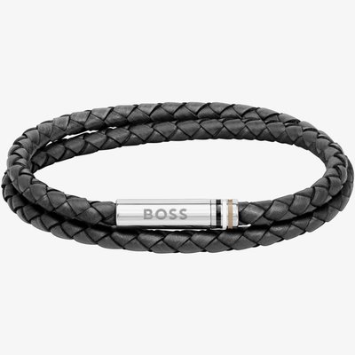 BOSS Ares Black Braided Double Leather Bracelet