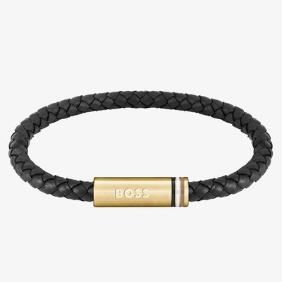 BOSS Gold Tone Braided Black Leather Bracelet