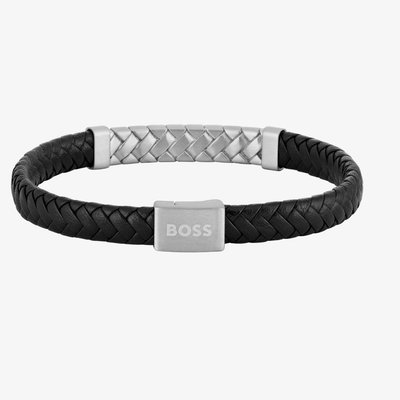 BOSS Mens Tailored Black Braided Leather Bracelet