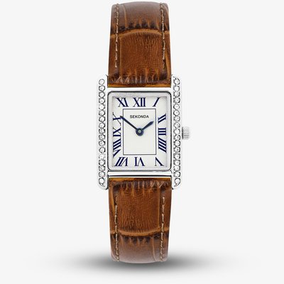Sekonda Ladies Classic Colette White Rectangular Dial Brown Leather Strap Watch 40736