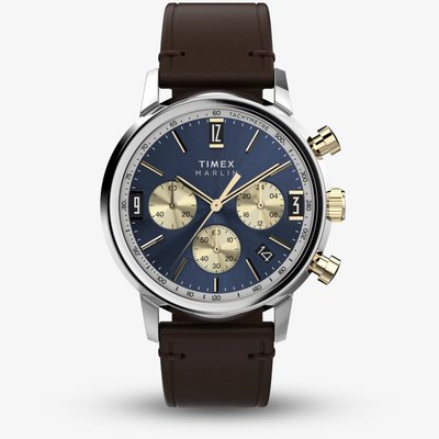 Timex Mens Marlin Blue Two Tone Brown Leather Watch TW2W60400