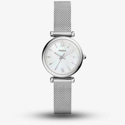 Fossil Ladies Carlie Mini Stainless Steel Mother Of Pearl Dial Mesh Strap Watch ES4432