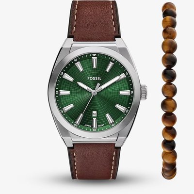 Fossil Mens Everett Leather Strap Watch & Beaded Bracelet Gift Set FS6080SET