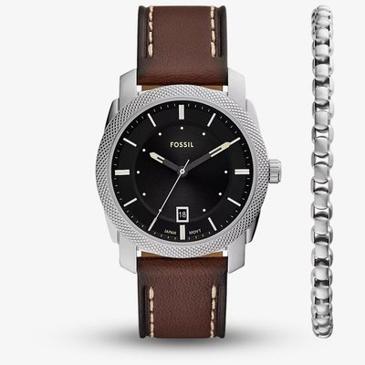 Fossil Mens Machine Leather Strap & Stainless Steel Bracelet Gift Set FS6081SET