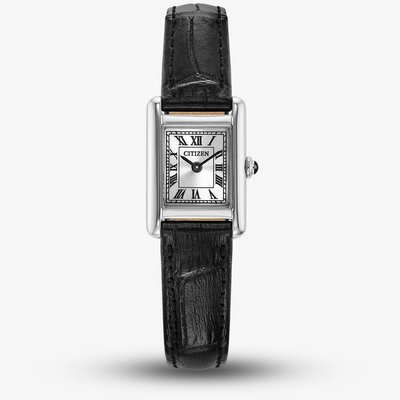 Citizen Ladies Fio Roma Eco-Drive Silver Rectangular Dial Black Leather Strap Watch EG2790-12A