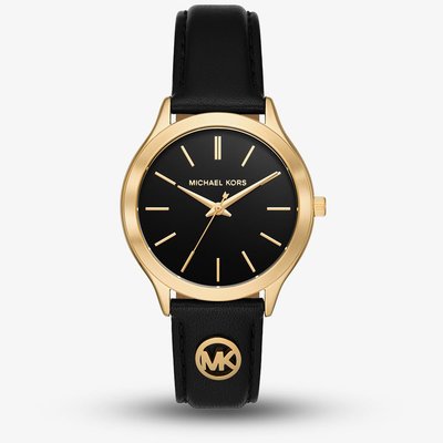 Michael Kors Ladies Slim Runway Black Leather Strap Watch MK7553