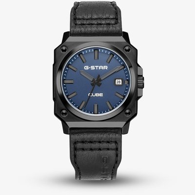 G-STAR Mens Cube Blue Dial Black Leather Strap Watch GSW.508.03