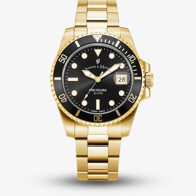 Jacques du Manoir Mens Pro Scuba Black Dial Gold Tone Stainless Steel Bracelet Watch JWG02803
