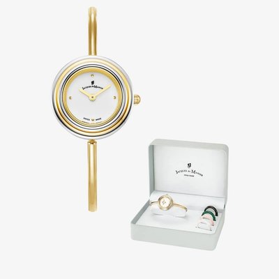 Jacques du Manoir Ladies Aurora White Dial Gold Tone Bracelet Watch & Topring Boxset JWL05401