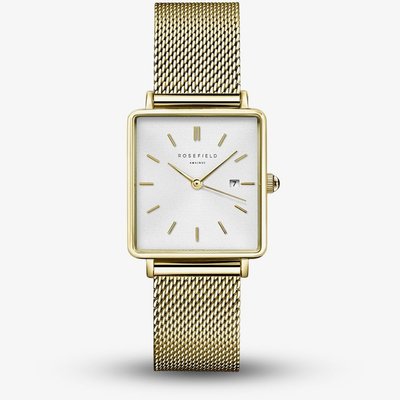 ROSEFIELD Ladies Boxy White Dial Golden Mesh Bracelet Watch QWSG-Q03