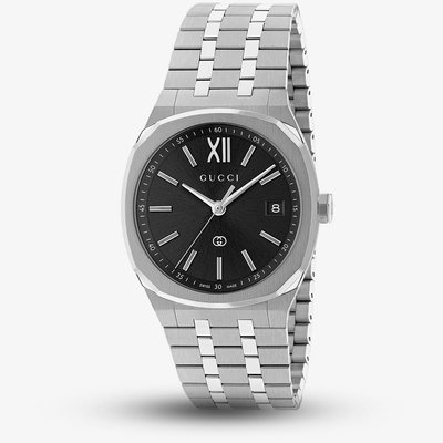 Gucci Mens 25H 36mm Black Dial Stainless Steel Bracelet Watch YA163438